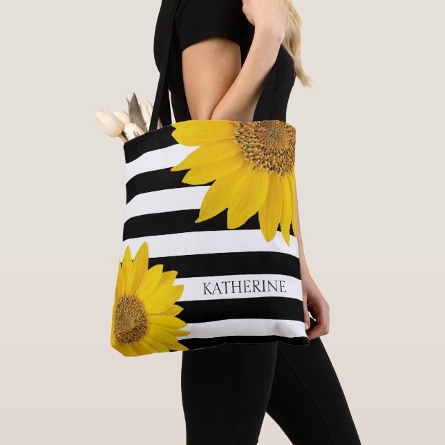 Sunflowers on Black and White Stripes Personalised Tote Bag (Close Up)