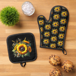 Sunflowers on Black Oven Mitt and Pot Holders Oven Mitt & Pot Holder Set