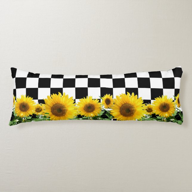 Sunflowers on Black White Chess Board Pattern Body Cushion (Front)