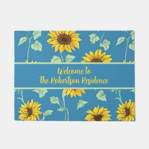 Sunflowers on Blue Background Welcome Doormat