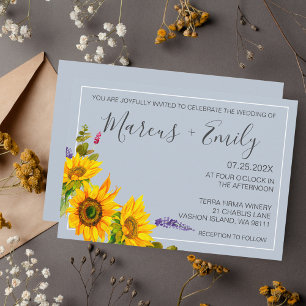 Sunflowers On Blue QR Code Wedding Invitation