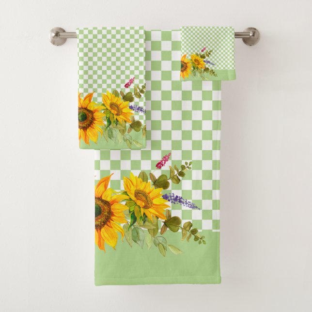 Sunflowers on Chequerboard  Bath Towel Set (Insitu)