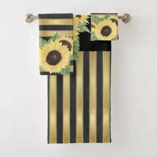 Sunflowers On Gold Black Stripes Bath Towel Set
