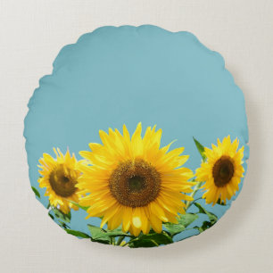 Sunflowers on Light Teal Turquoise Round Cushion
