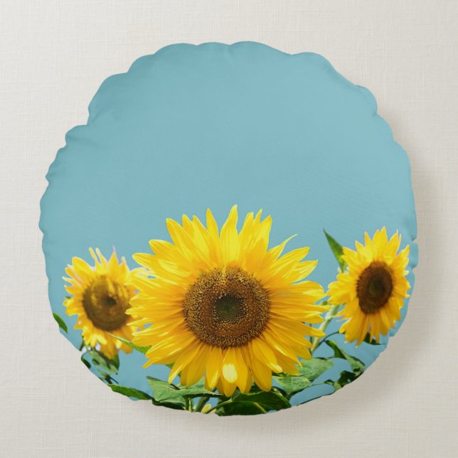 Sunflowers on Light Teal Turquoise Round Cushion (Front)