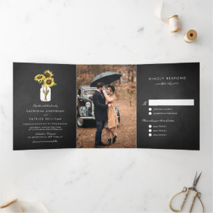 Sunflowers on Mason Jar Rustic Chalkboard Wedding Tri-Fold Invitation