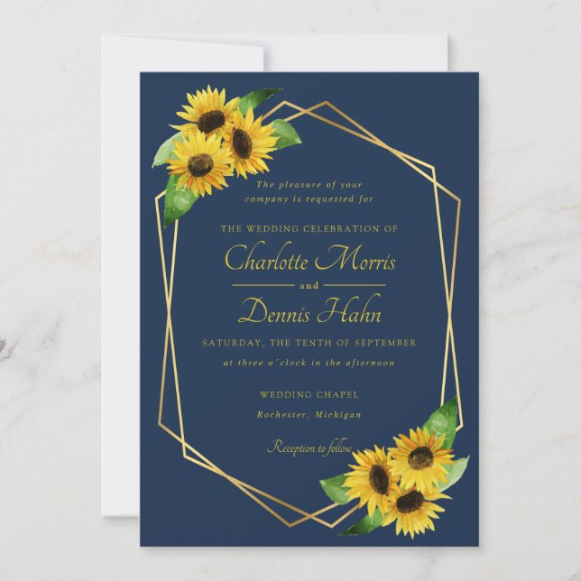 Sunflowers on navy wedding invitation (Front)