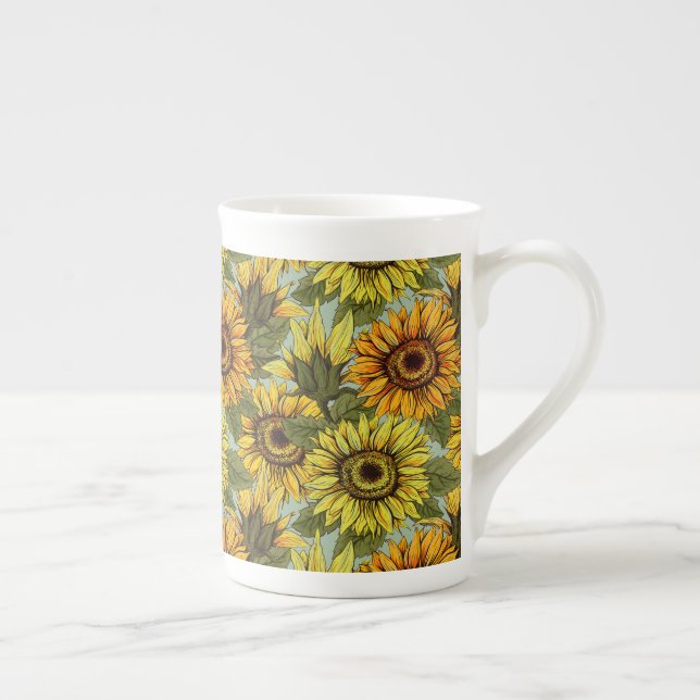 Sunflowers on Sage Background Foliage Orange Yello Bone China Mug (Right)