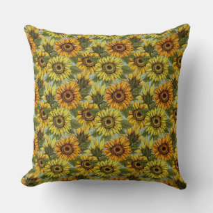 Sunflowers on Sage Background Foliage Orange Yello Cushion