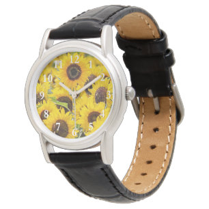 Sunflowers on Women's Black Leather Strap Watch