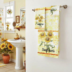 Sunflowers on wood bath towel set