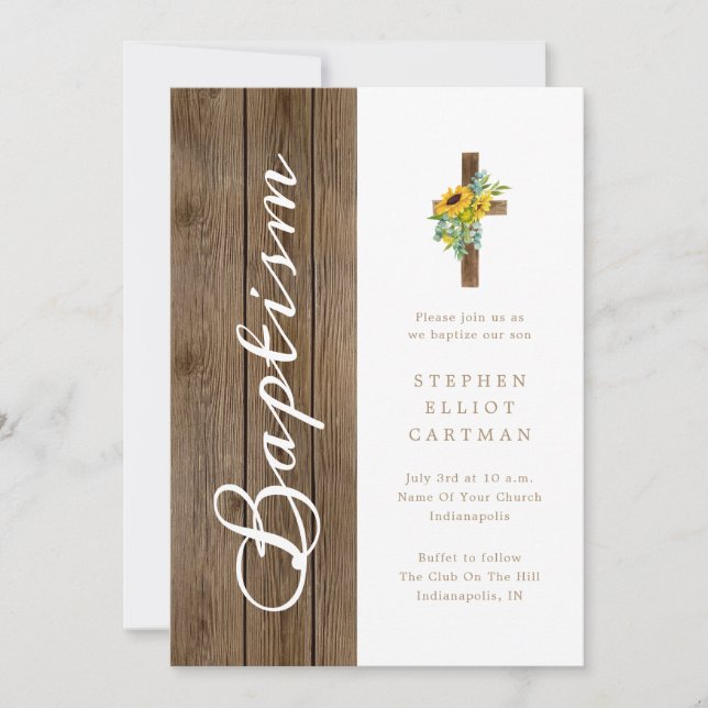Sunflowers Over Rustic Wood White Baptism Invitation (Front)