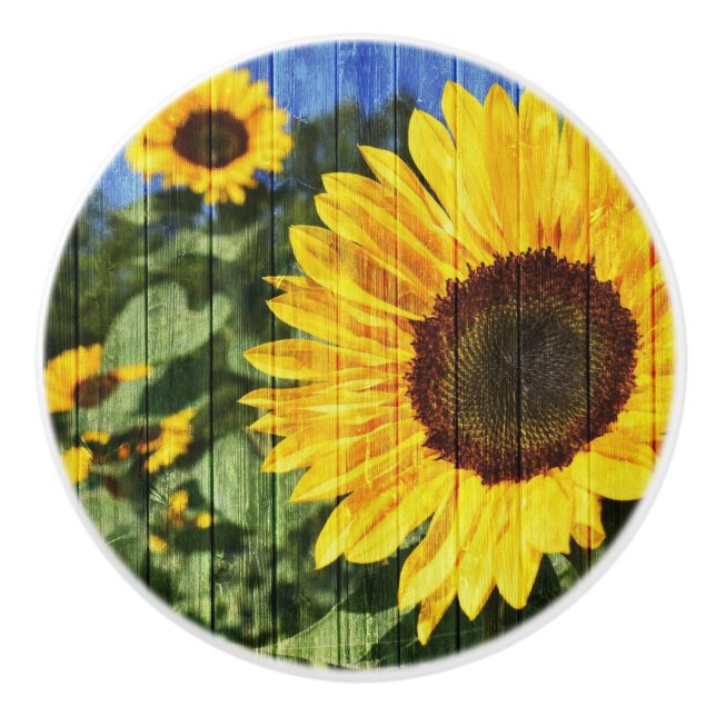 Sunflowers Painted Fence Ceramic Knob (Front)
