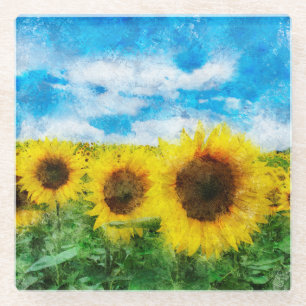 Sunflowers painting glass coaster