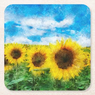 Sunflowers painting square paper coaster