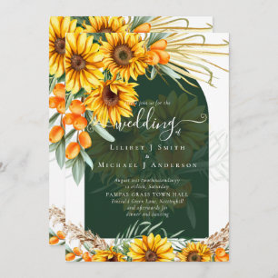 Sunflowers Pampas Grass Emerald Green BOHO Wedding Invitation