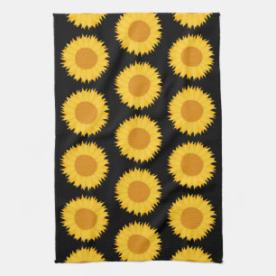 Sunflowers Pattern on Black. Tea Towel