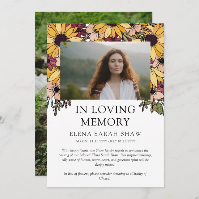Sunflowers Photo In Loving Memory Announcement (Front/Back)