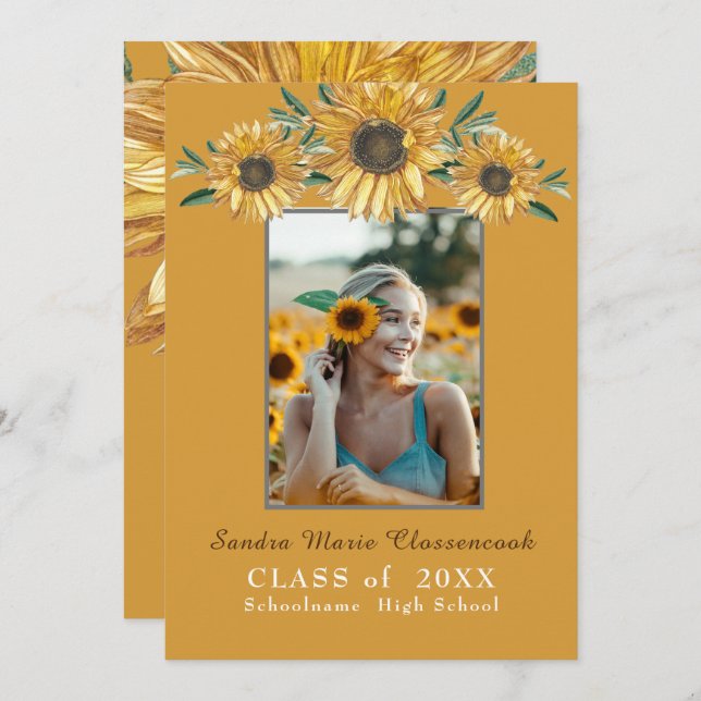 Sunflowers photo Modern Rustic Black Graduation An Announcement (Front/Back)