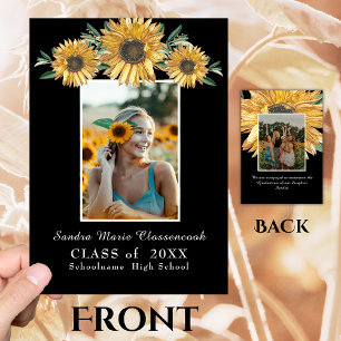 Sunflowers photo Modern Rustic Black Graduation Announcement