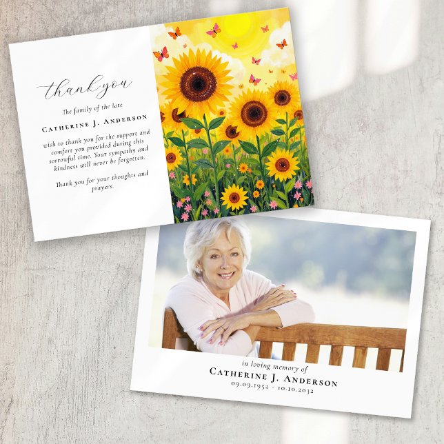 Sunflowers Photo Sympathy Funeral Memorial Thank You Card (Creator Uploaded)