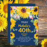 Sunflowers Pink Roses Navy Blue 40th Birthday Invitation<br><div class="desc">Brightly coloured yellow sunflowers and pink roses on navy blue 40th birthday party invitation for women. Text is customisable for any age or springtime or summer event you might be planning. Nice for a birthday picnic or backyard party. Contact me if I can help you with customisation or if you...</div>