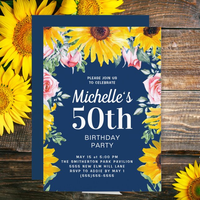 Sunflowers Pink Roses Navy Blue 50th Birthday Invitation (Sunflowers and pink roses on navy blue 50th birthday party invitation)