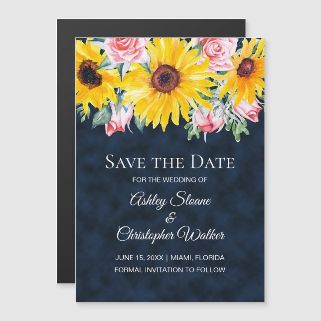 Sunflowers Pink Roses Navy Blue Wedding Save Date (Front/Back)