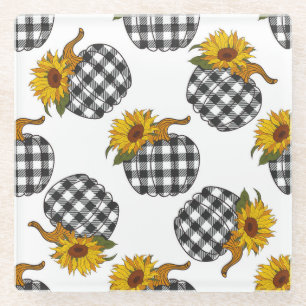 Sunflowers, plaid pumpkin, farmhouse decor glass coaster