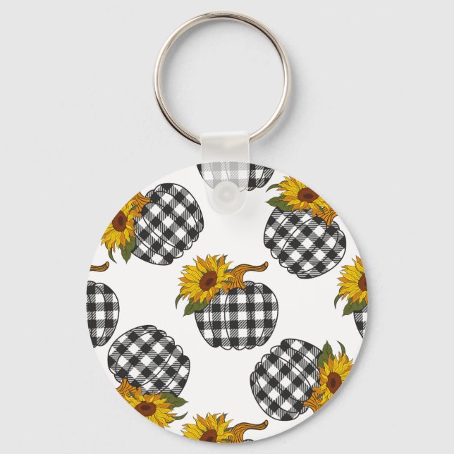 Sunflowers, plaid pumpkin, farmhouse decor key ring (Front)