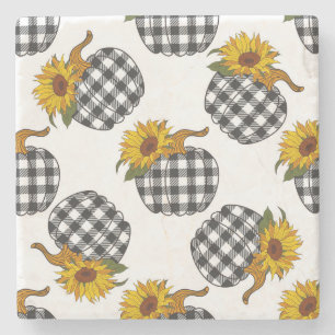 Sunflowers, plaid pumpkin, farmhouse decor stone coaster