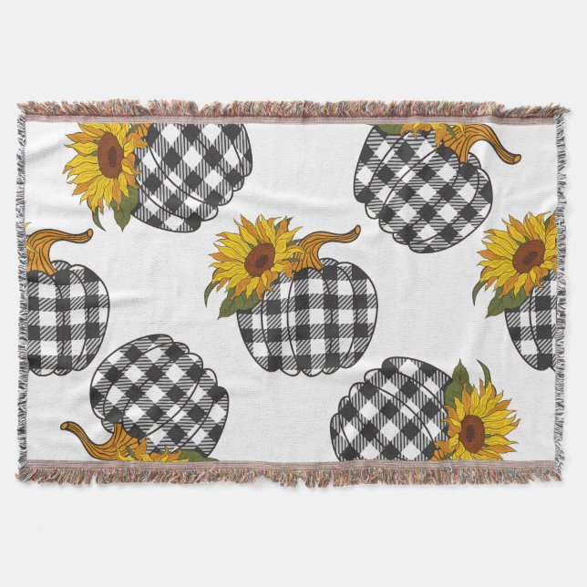 Sunflowers, plaid pumpkin, farmhouse decor throw blanket (Front)