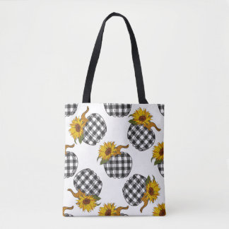 Sunflowers, plaid pumpkin, farmhouse decor tote bag