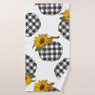 Sunflowers Plaid Pumpkin seamless pattern. Farmhou Bath Towel