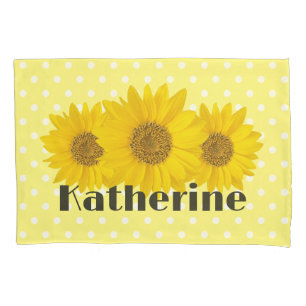 Sunflowers Polka Dots Custom Name Yellow Pillowcase