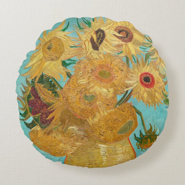Sunflowers, Post Impressionist Still Life Painting Round Cushion (Front)