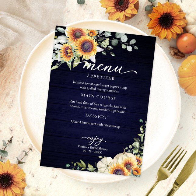 Sunflowers Pumpkin Fall Bridal Shower Menu Card (Creator Uploaded)