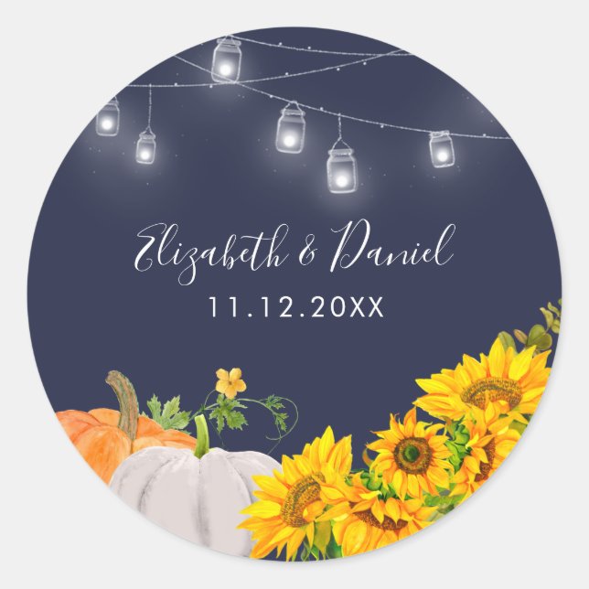 Sunflowers Pumpkin String Light Rustic Wedding Classic Round Sticker (Front)