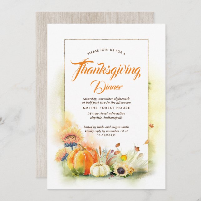 Sunflowers Pumpkins Fall Thanksgiving Dinner Invitation (Front/Back)