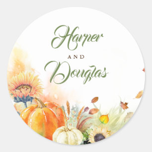 Sunflowers Pumpkins Wheat and Falling Fall Leaves Classic Round Sticker