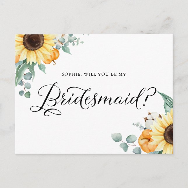 Sunflowers Pumpkins Will You Be My Bridesmaid Card (Front)