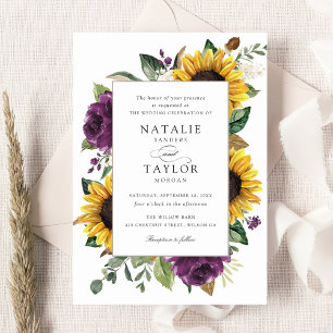 Sunflowers Purple Greenery Floral Rustic Wedding Invitation