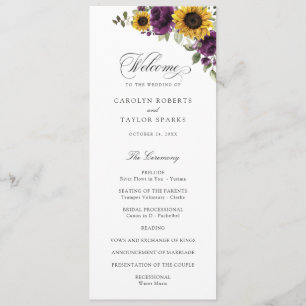 Sunflowers Purple Greenery Floral Rustic Wedding Programme