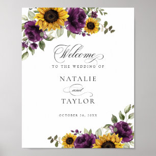 Sunflowers Purple Greenery Wedding Welcome Sign