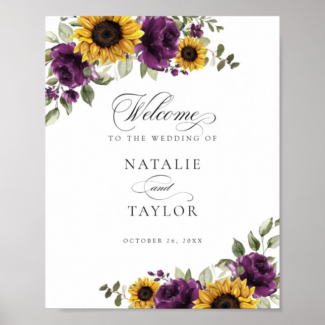 Sunflowers Purple Greenery Wedding Welcome Sign (Front)
