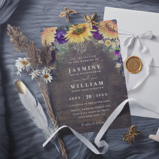 Sunflowers Purple Roses Daisies Rustic Wedding Invitation (Creator Uploaded)