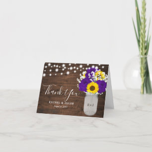 Sunflowers Purple Roses Mason Jar Photo Wedding Thank You Card