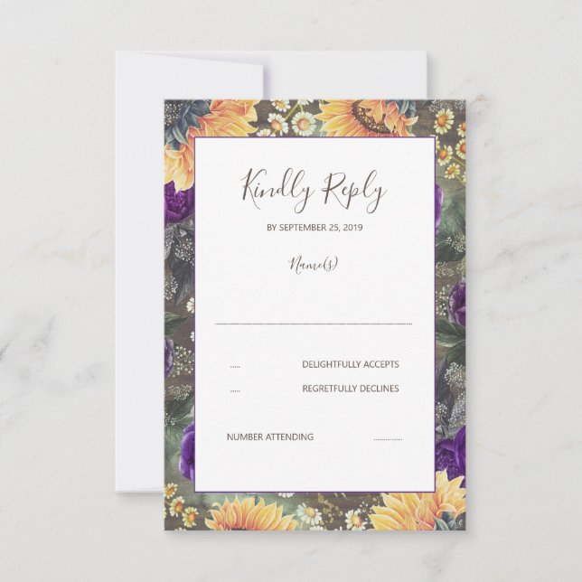 Sunflowers Purple Rustic Fall Wedding RSVP Card (Front)