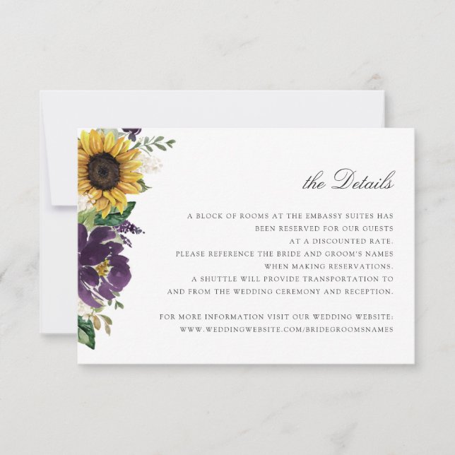 Sunflowers Purple Violet Floral Wedding Details Invitation (Front)