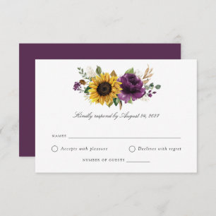 Sunflowers Purple Violet Greenery Wedding RSVP Invitation
